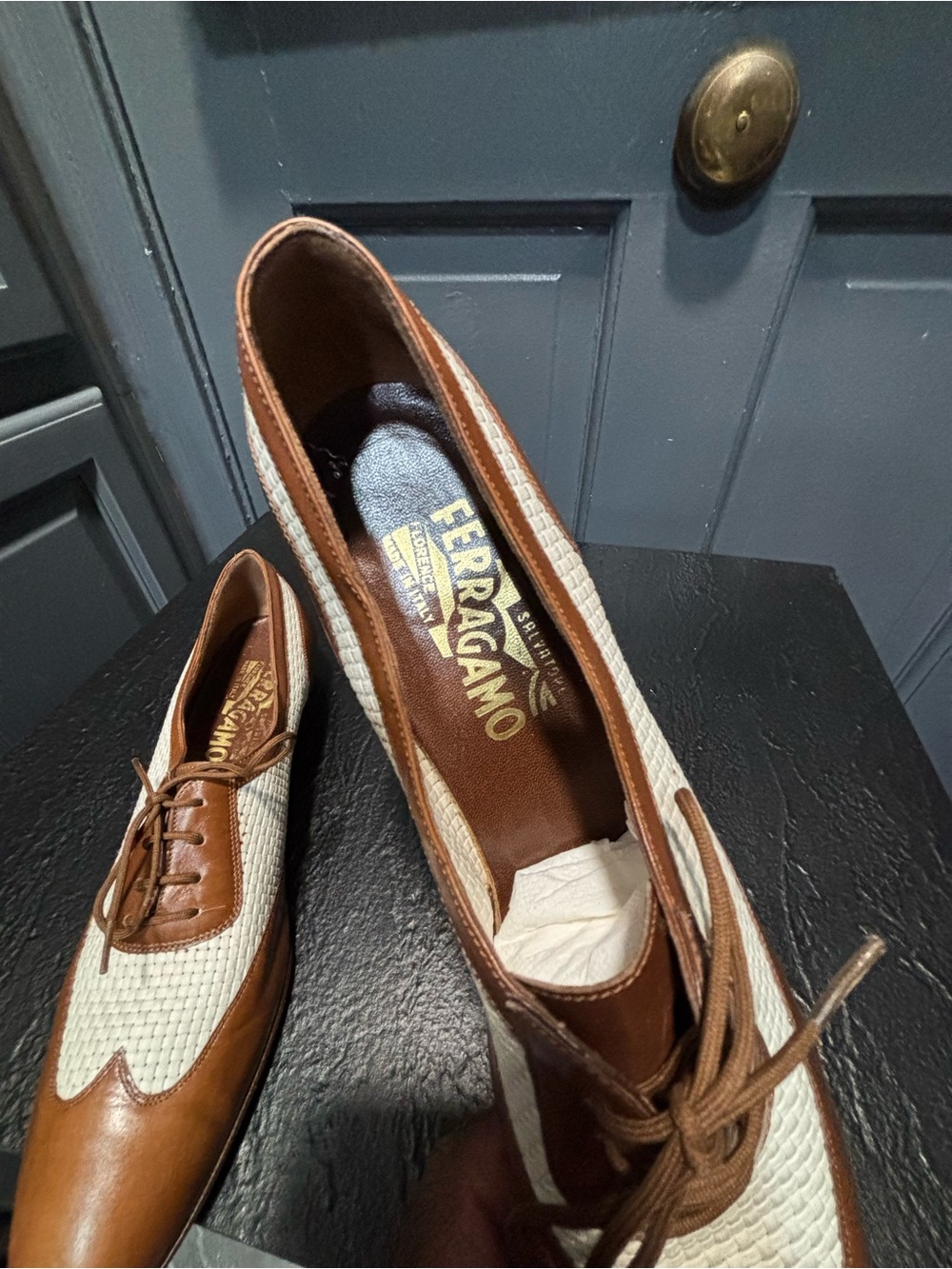 Salvatore Ferragamo Tan and Cream Leather Lace-Up Flats - Picture 6 of 9